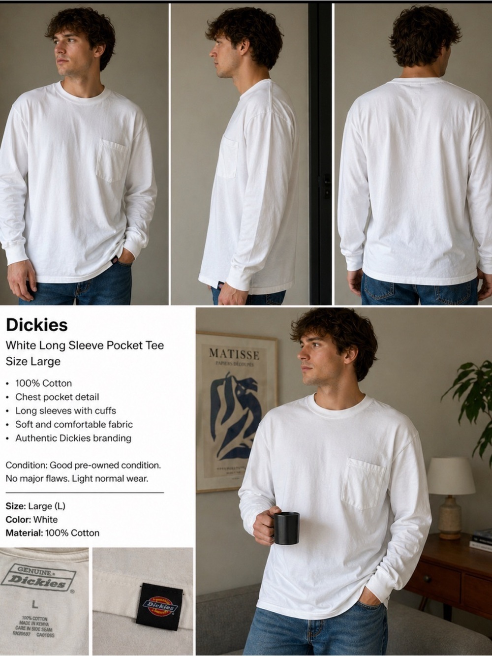 Dickies White Long Sleeve Pocket Tee - Men's